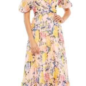 Mac duggal floral print chiffon puffed sleeve tiered hem dress